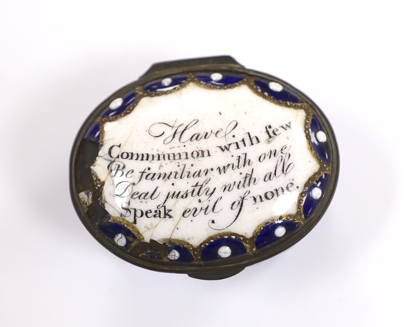 A late 18th century South Staffordshire enamel patch box, with written verse to cover, 5cm wide